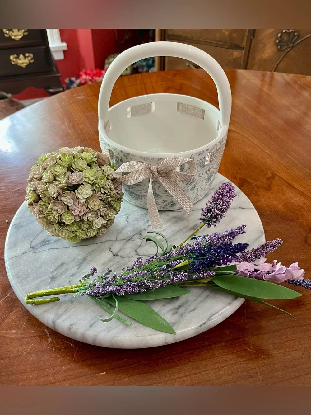 3Pc Vignette Grey Bunny Toile Ceramic Basket w Faux Floral Ball & Lavender Sprig